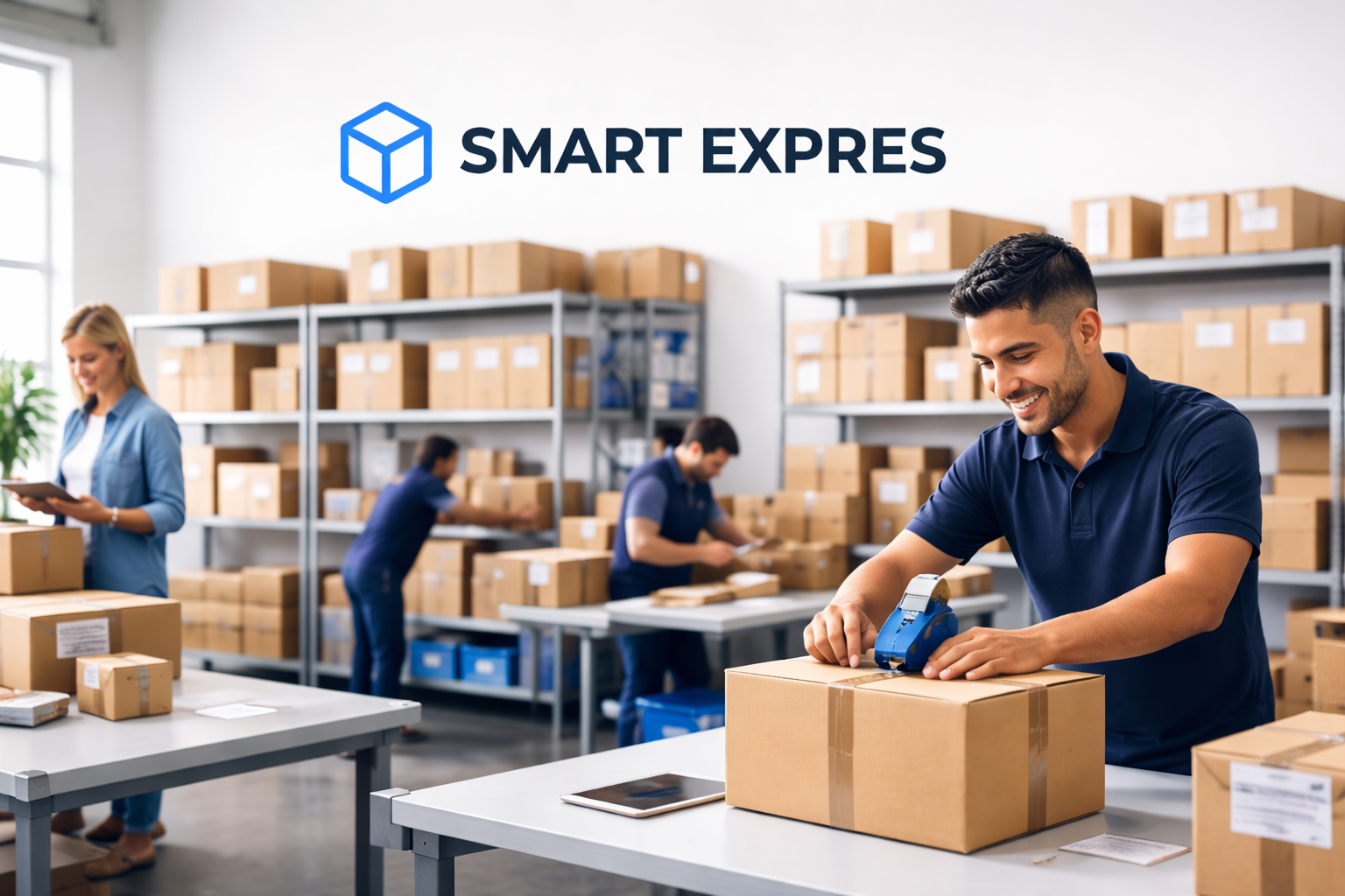Profesional de Smart Express preparando paquetes para envío con cuidado y precisión